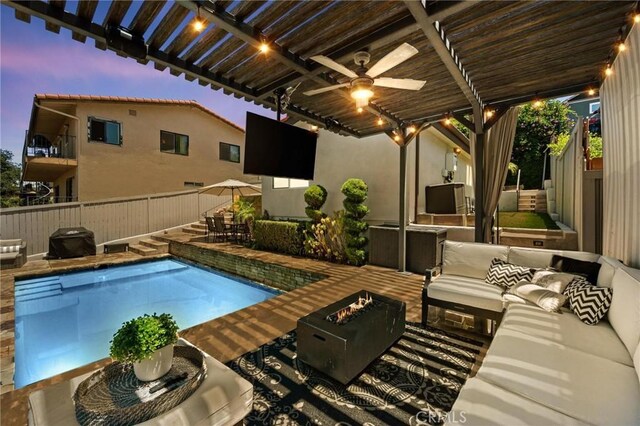 3532 Mesquite Dr, Calabasas, CA 91302 - view of pool featuring an outdoor living space with a fire pit, a ceiling fan, and a pergola