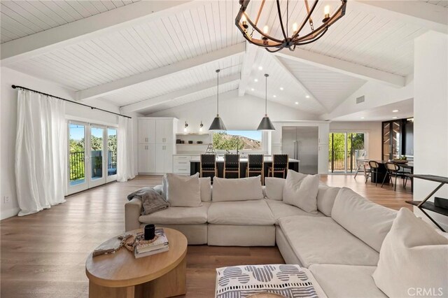 3532 Mesquite Dr, Calabasas, CA 91302 - living area with a chandelier, wood finished floors, recessed lighting, and wooden ceiling