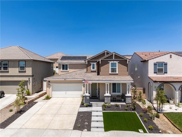 554 Cumberland Rd, Rialto, CA 92377 - view of front of house with covered porch, stucco siding, concrete driveway, an attached garage, and a tiled roof