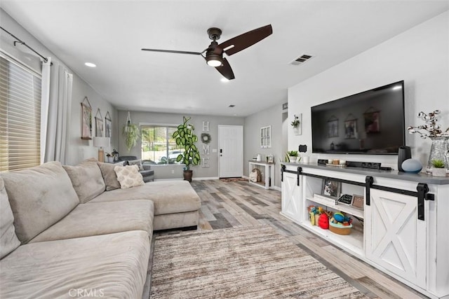 23317 Badger Creek Ln, Menifee, CA 92587 - living area featuring a ceiling fan, light wood finished floors, and recessed lighting