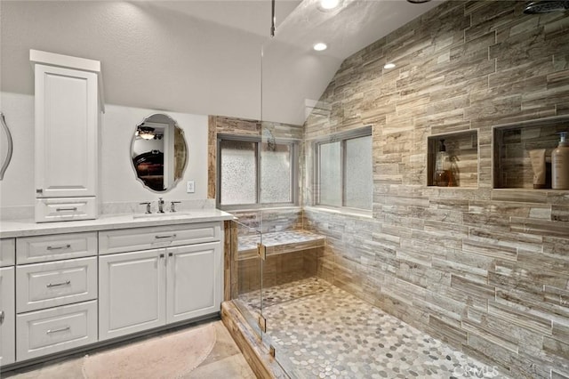 1624 Alessandro Rd, Redlands, CA 92373 - full bathroom with vanity, lofted ceiling, tiled shower, and recessed lighting