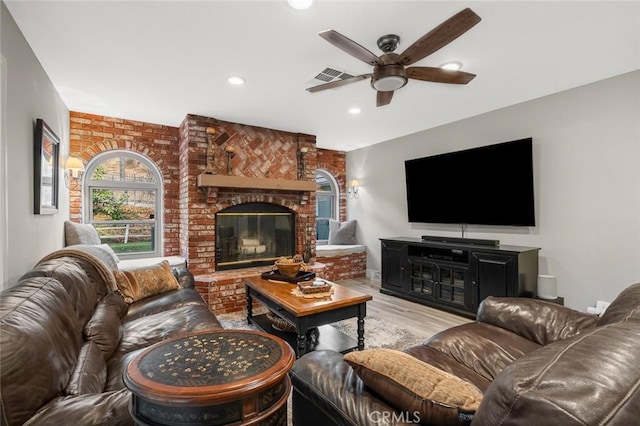 1624 Alessandro Rd, Redlands, CA 92373 - living area featuring a ceiling fan, a fireplace, recessed lighting, and wood finished floors