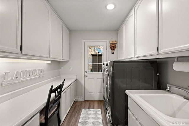 1624 Alessandro Rd, Redlands, CA 92373 - laundry room featuring cabinet space, independent washer and dryer, light wood finished floors, and recessed lighting
