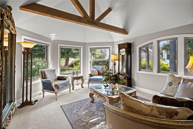 1624 Alessandro Rd, Redlands, CA 92373 - living room featuring light colored carpet, plenty of natural light, high vaulted ceiling, and beamed ceiling
