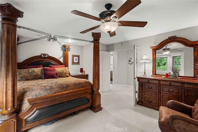 1624 Alessandro Rd, Redlands, CA 92373 - bedroom featuring light carpet, ornate columns, and a ceiling fan