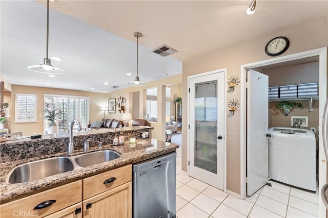 861 Shade Tree Way, Corona, CA 92878 - kitchen featuring dishwasher, light brown cabinetry, light tile patterned flooring, stone counters, and hanging light fixtures