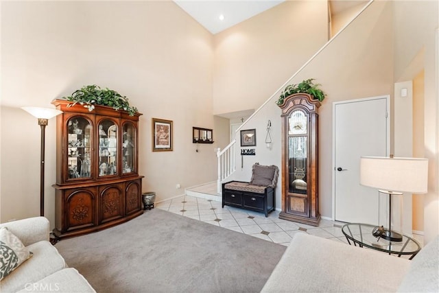 861 Shade Tree Way, Corona, CA 92878 - living area featuring a high ceiling, stairs, and light tile patterned floors