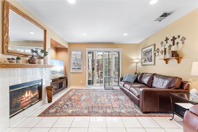 861 Shade Tree Way, Corona, CA 92878 - living room with a fireplace, recessed lighting, and tile patterned floors