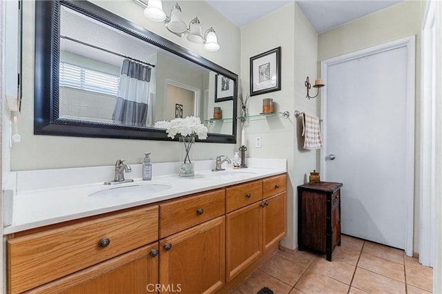 861 Shade Tree Way, Corona, CA 92878 - full bathroom with double vanity, tile patterned flooring, and curtained shower