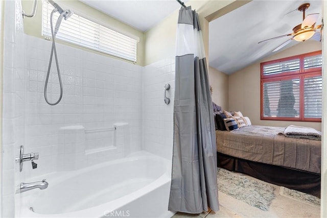 861 Shade Tree Way, Corona, CA 92878 - bathroom featuring ensuite bath, shower / bath combo with shower curtain, ceiling fan, and vaulted ceiling