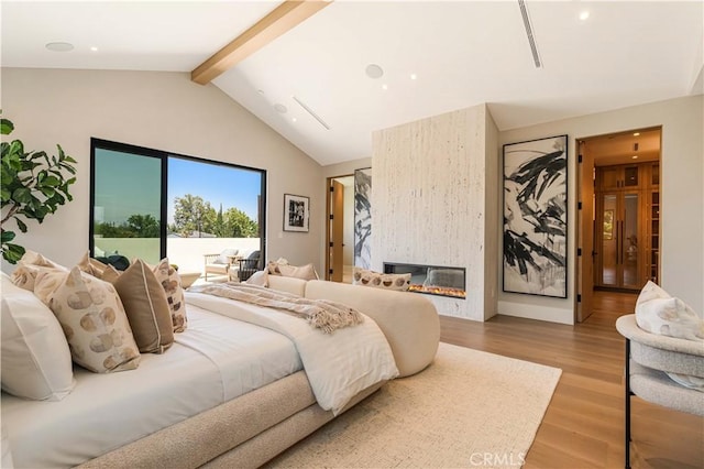 16711 Moorpark St, Encino, CA 91436 - bedroom featuring access to outside, light wood-style flooring, a fireplace, and recessed lighting