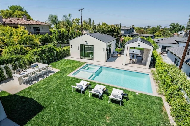 16711 Moorpark St, Encino, CA 91436 - view of swimming pool featuring a storage structure, a yard, an outdoor structure, and a patio
