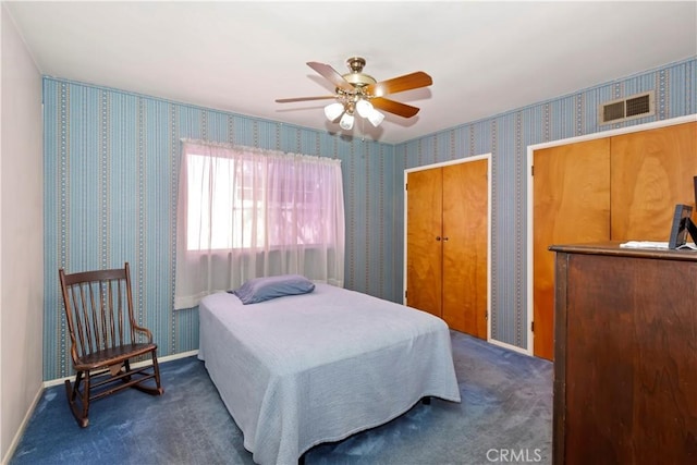 8356 Duarte Rd, San Gabriel, CA 91775 - bedroom with wallpapered walls, carpet, and ceiling fan