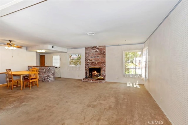 8356 Duarte Rd, San Gabriel, CA 91775 - living room with light colored carpet, a brick fireplace, and ceiling fan