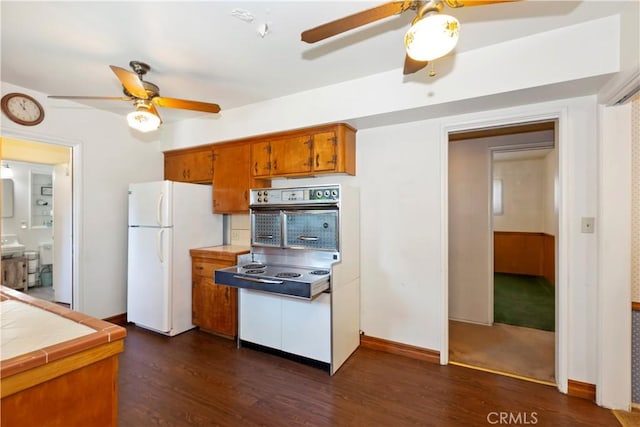 8356 Duarte Rd, San Gabriel, CA 91775 - kitchen featuring tile countertops, a ceiling fan, freestanding refrigerator, and brown cabinetry