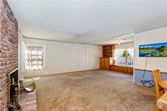 8356 Duarte Rd, San Gabriel, CA 91775 - unfurnished living room featuring light carpet and a brick fireplace