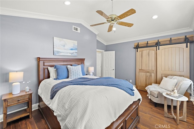 42 Fairlane Rd, Laguna Niguel, CA 92677 - bedroom with ornamental molding, vaulted ceiling, dark wood finished floors, a barn door, and a ceiling fan
