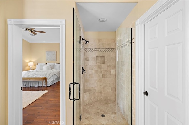 42 Fairlane Rd, Laguna Niguel, CA 92677 - ensuite bathroom with a stall shower, wood finished floors, and a ceiling fan