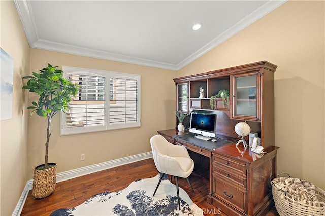 42 Fairlane Rd, Laguna Niguel, CA 92677 - office space featuring dark wood finished floors, ornamental molding, lofted ceiling, and recessed lighting