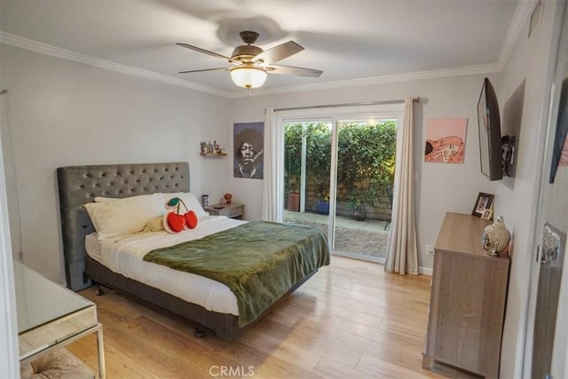 10624 Nevada Ave, Chatsworth, CA 91311 - bedroom with access to outside, light wood-style flooring, crown molding, and a ceiling fan