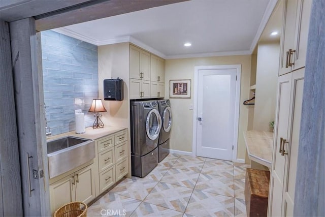 10624 Nevada Ave, Chatsworth, CA 91311 - laundry area with cabinet space, independent washer and dryer, recessed lighting, and ornamental molding