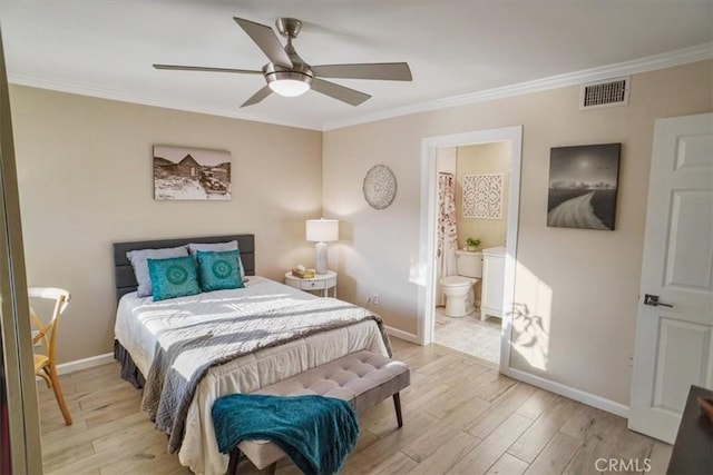 10624 Nevada Ave, Chatsworth, CA 91311 - bedroom with light wood-type flooring, ornamental molding, ensuite bath, and a ceiling fan