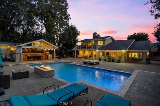 10624 Nevada Ave, Chatsworth, CA 91311 - outdoor pool featuring an outdoor living space, a patio area, area for grilling, a hot tub, and a gazebo