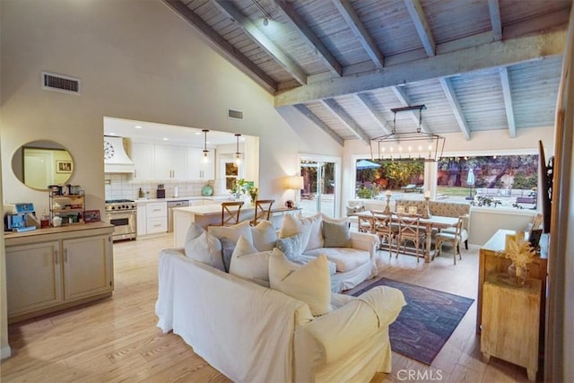 10624 Nevada Ave, Chatsworth, CA 91311 - living area featuring a wooden ceiling with exposed beams, light wood-style flooring, and high vaulted ceiling