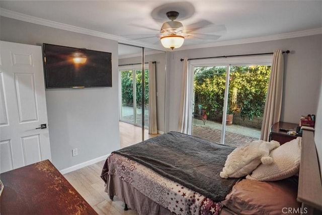 10624 Nevada Ave, Chatsworth, CA 91311 - bedroom featuring access to exterior, ornamental molding, light wood finished floors, and a ceiling fan