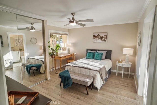 10624 Nevada Ave, Chatsworth, CA 91311 - bedroom with ornamental molding, light wood-style flooring, and ceiling fan
