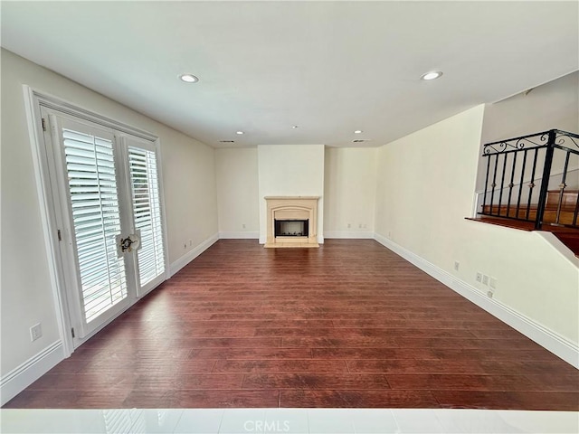11737 Lois Ct, Granada Hills, CA 91344 - unfurnished living room with dark wood finished floors, recessed lighting, and a fireplace
