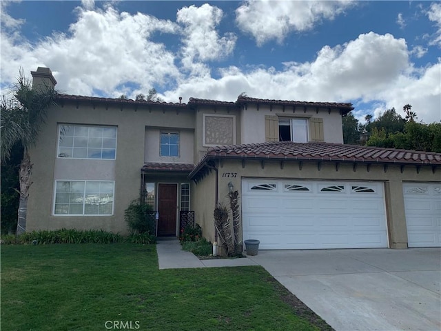 11737 Lois Ct, Granada Hills, CA 91344 - view of front of home featuring concrete driveway, stucco siding, a tile roof, a front lawn, and an attached garage