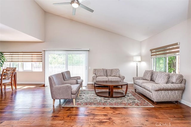 2580 Crown Way, Fullerton, CA 92833 - living room featuring high vaulted ceiling, a ceiling fan, and wood finished floors