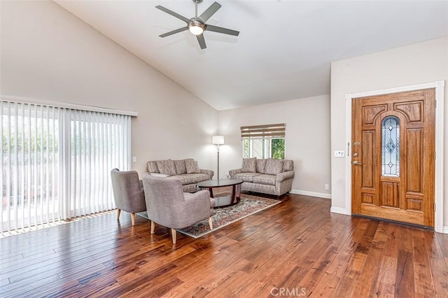 2580 Crown Way, Fullerton, CA 92833 - living area with ceiling fan, wood finished floors, and high vaulted ceiling