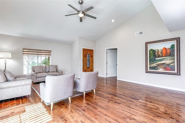 2580 Crown Way, Fullerton, CA 92833 - living room featuring a ceiling fan, high vaulted ceiling, and wood finished floors