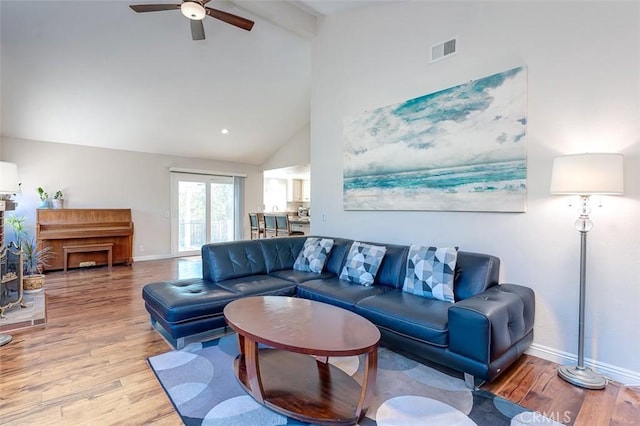 2580 Crown Way, Fullerton, CA 92833 - living area with light wood-type flooring, ceiling fan, beamed ceiling, and high vaulted ceiling