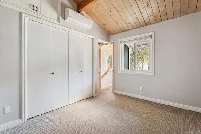 8438 Valley View Trl, Pine Valley, CA 91962 - unfurnished bedroom with a wall unit AC, light colored carpet, a closet, and wooden ceiling