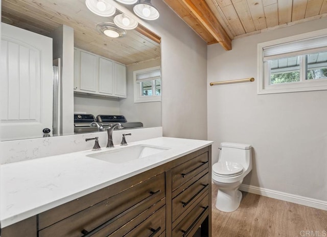 8438 Valley View Trl, Pine Valley, CA 91962 - half bathroom featuring wooden ceiling, washer and clothes dryer, wood finished floors, and vanity