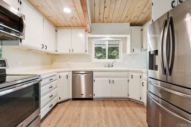 8438 Valley View Trl, Pine Valley, CA 91962 - kitchen with stainless steel appliances, wooden ceiling, light wood-style floors, white cabinets, and backsplash