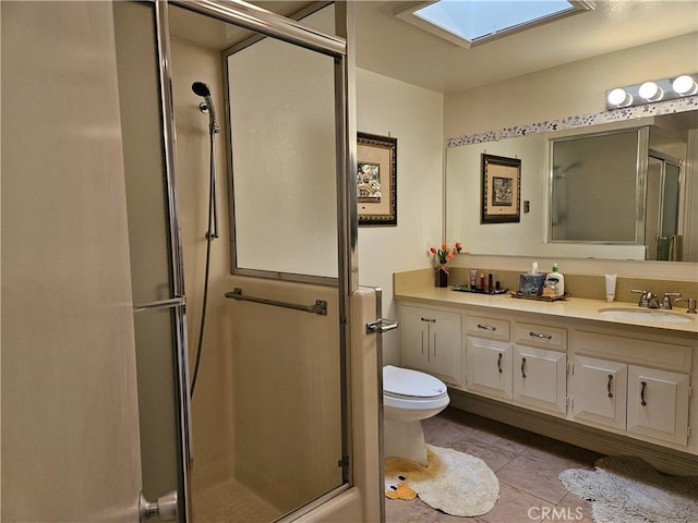 1402 Golden Rain Rd Unit 55G, Seal Beach, CA 90740 - full bathroom with a skylight, a stall shower, vanity, and tile patterned floors