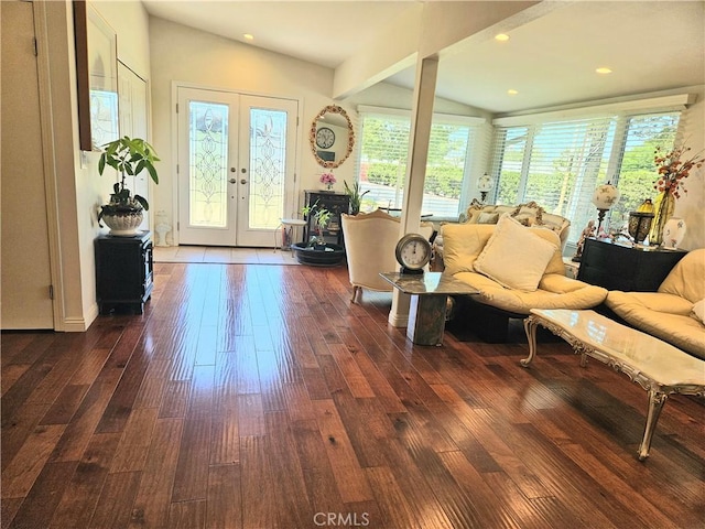 1402 Golden Rain Rd Unit 55G, Seal Beach, CA 90740 - living area featuring dark wood finished floors, lofted ceiling, plenty of natural light, french doors, and recessed lighting