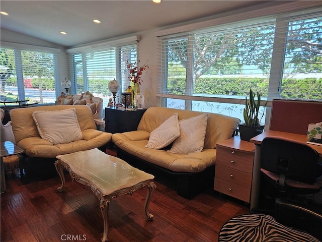 1402 Golden Rain Rd Unit 55G, Seal Beach, CA 90740 - living room with dark wood-style flooring, recessed lighting, and vaulted ceiling