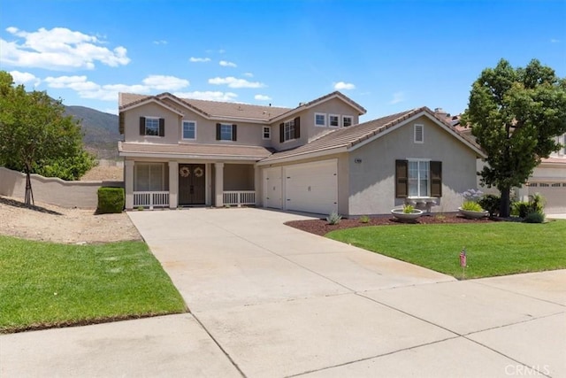 14080 Crestline Pl, Rancho Cucamonga, CA 91739 - traditional-style house with driveway, stucco siding, an attached garage, a front lawn, and covered porch