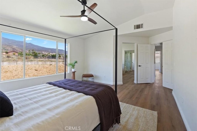 14080 Crestline Pl, Rancho Cucamonga, CA 91739 - bedroom with wood finished floors, a mountain view, lofted ceiling, and a ceiling fan