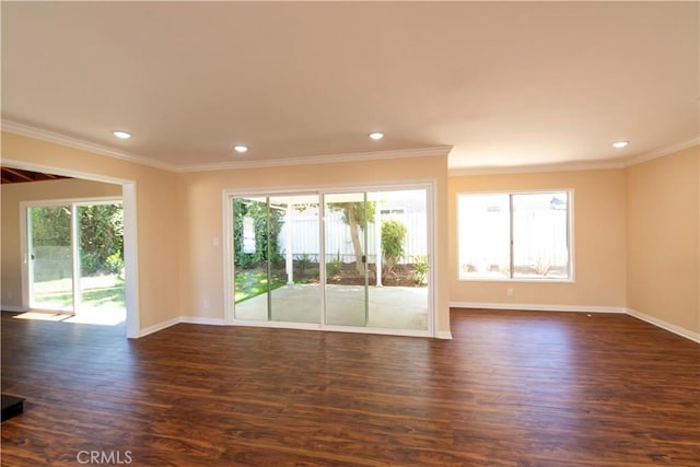 10345 Encino Ave, Granada Hills, CA 91344 - spare room featuring dark wood-style flooring, crown molding, and recessed lighting