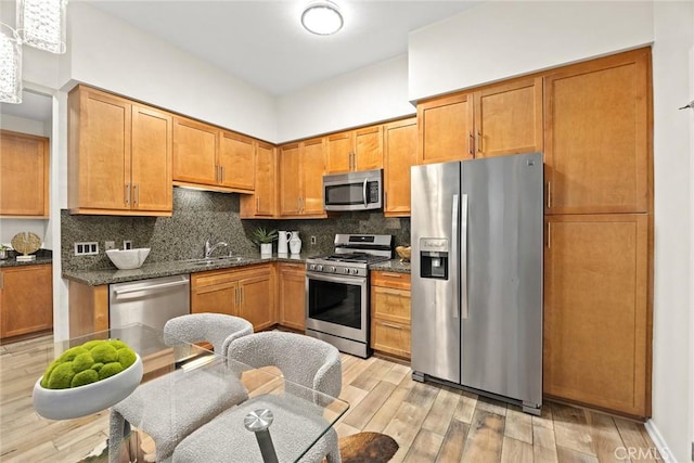 505 Falling Leaf, Monrovia, CA 91016 - kitchen featuring stainless steel appliances, dark countertops, light wood-style flooring, and tasteful backsplash