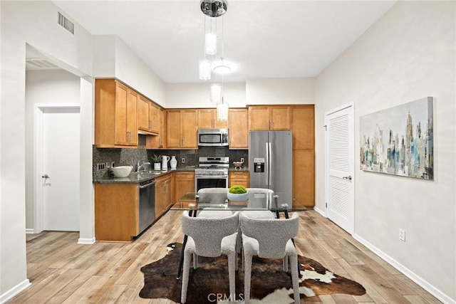 505 Falling Leaf, Monrovia, CA 91016 - kitchen featuring stainless steel appliances, dark countertops, light wood-type flooring, backsplash, and pendant lighting