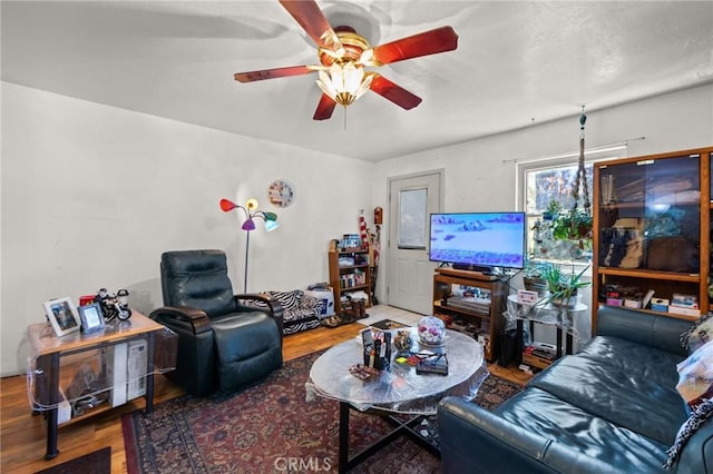 23034 Cedar Way, Crestline, CA 92325 - living room featuring wood finished floors and ceiling fan