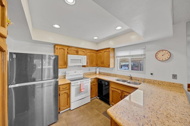 6820 Hyde Park Dr Unit A, San Diego, CA 92119 - kitchen with white appliances, recessed lighting, brown cabinets, and a tray ceiling
