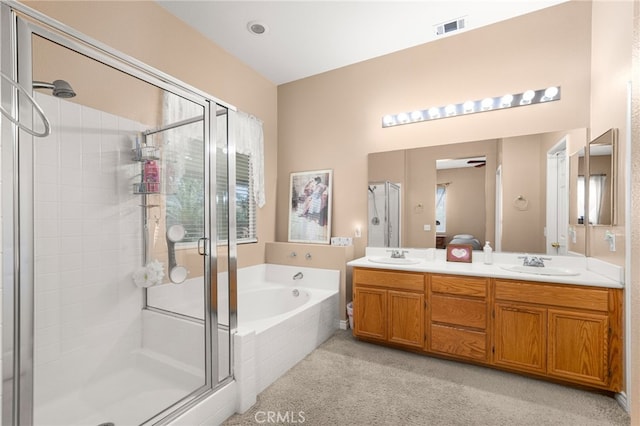 14067 Glendale Ct, Rancho Cucamonga, CA 91739 - bathroom featuring a bath, a shower stall, and double vanity